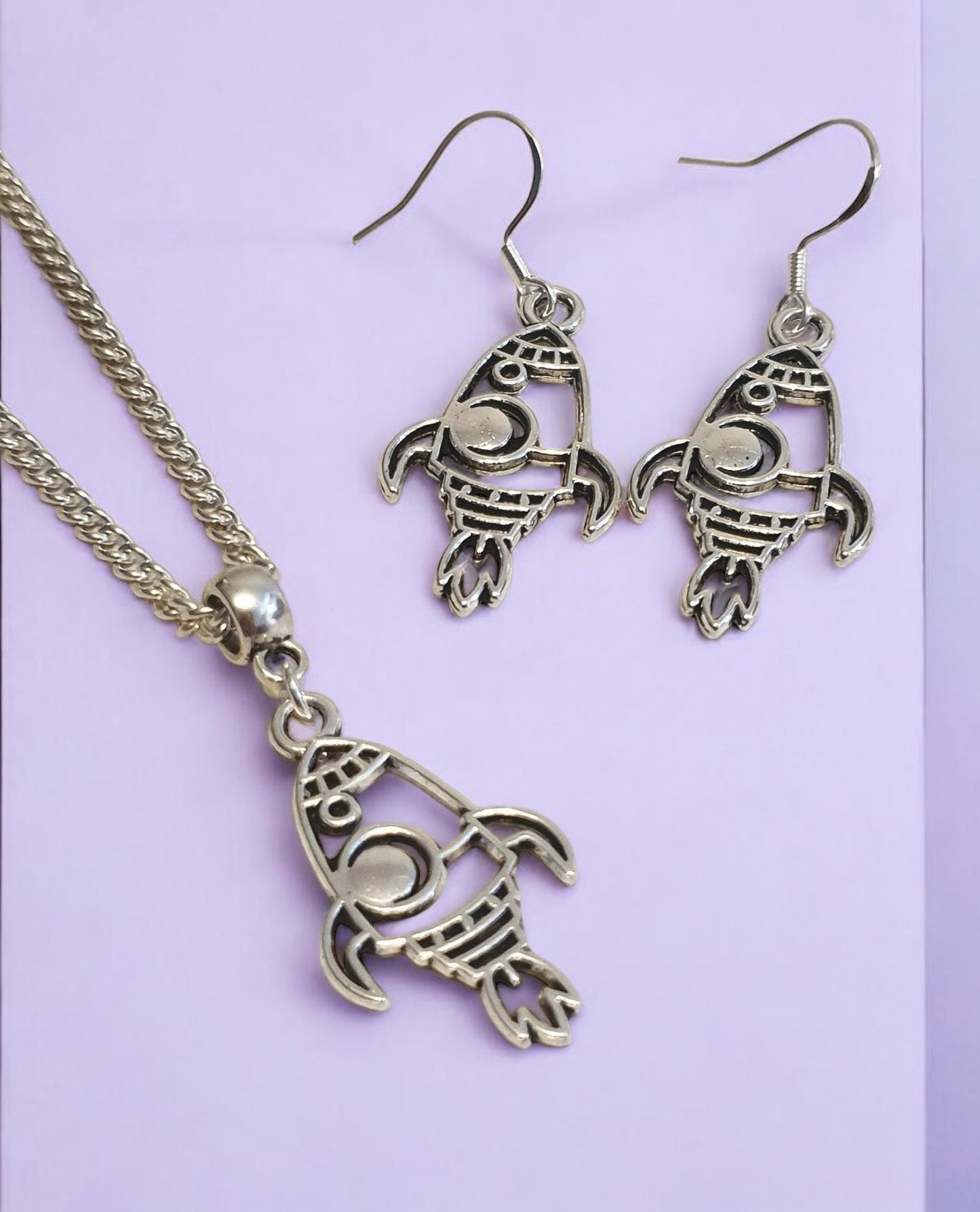Rocket Charm Jewellery Set, Dangly Earring And Necklace Set In Gift Bag, Space Lover, Spaceship Jewellery - Premium from Etsy - Just £8.99! Shop now at Uniquely Holt