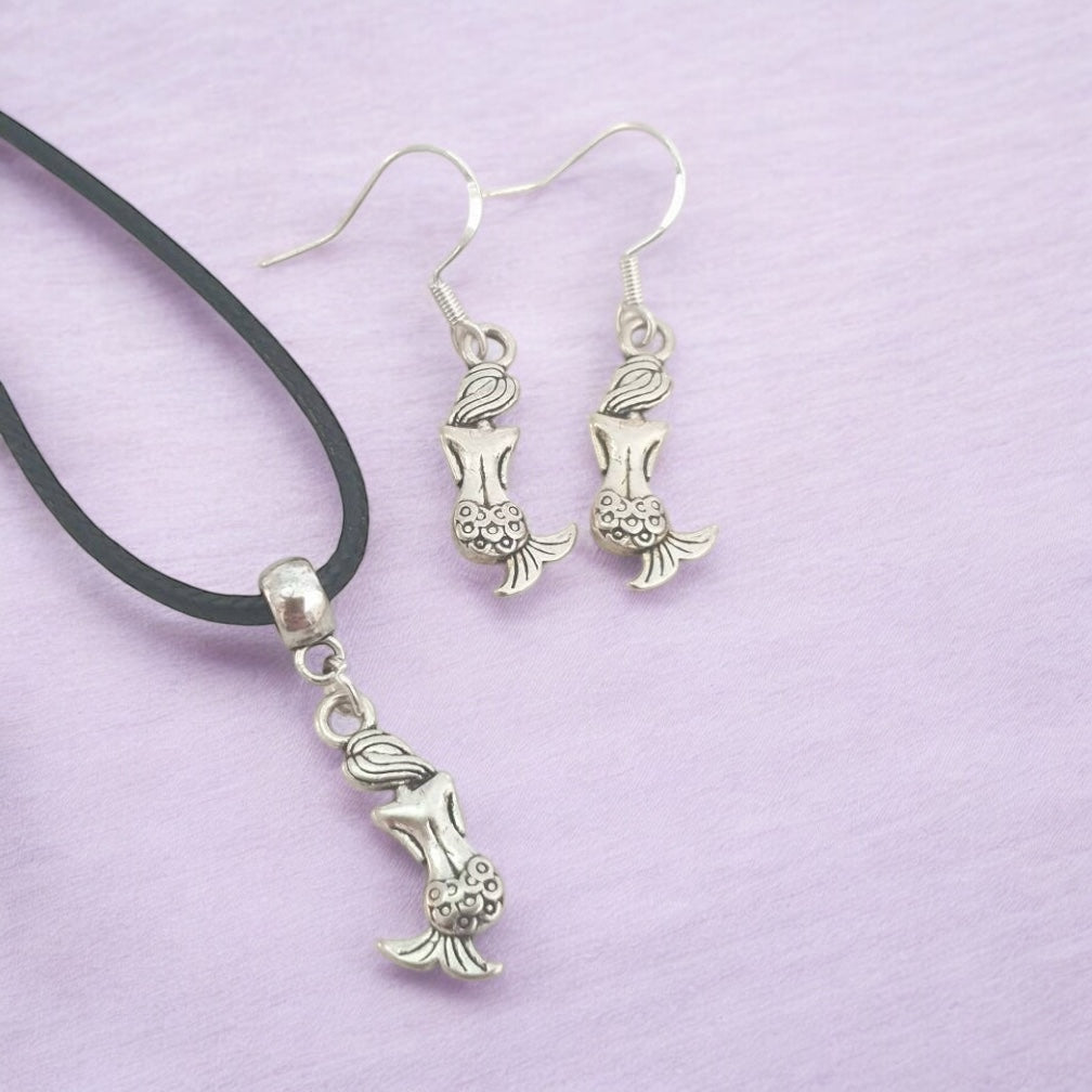 Mermaid Charm Jewellery Set, Dangly Earring And Necklace Set In Gift Bag, Cord And Chain Options - Premium from Etsy - Just £8.99! Shop now at Uniquely Holt
