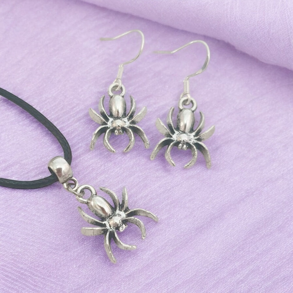 Spider Charm Jewellery Set, Dangly Earring And Necklace Set In Gift Bag, Cord And Chain Option, Spooky Halloween - Premium from Etsy - Just £8.99! Shop now at Uniquely Holt
