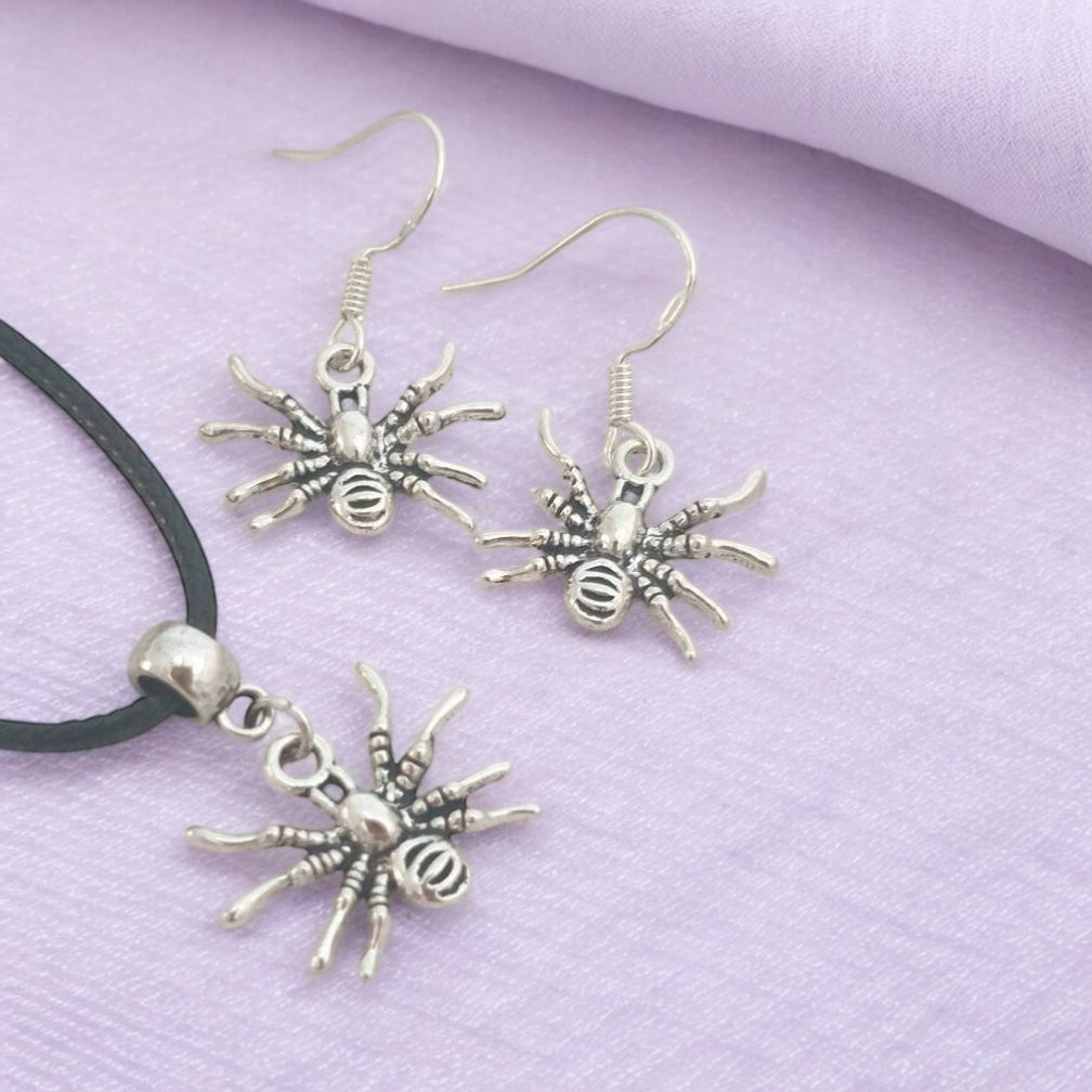 Spider Charm Jewellery Set, Dangly Earring And Necklace Set In Gift Bag, Cord And Chain Option, Spooky Halloween - Premium from Etsy - Just £8.99! Shop now at Uniquely Holt
