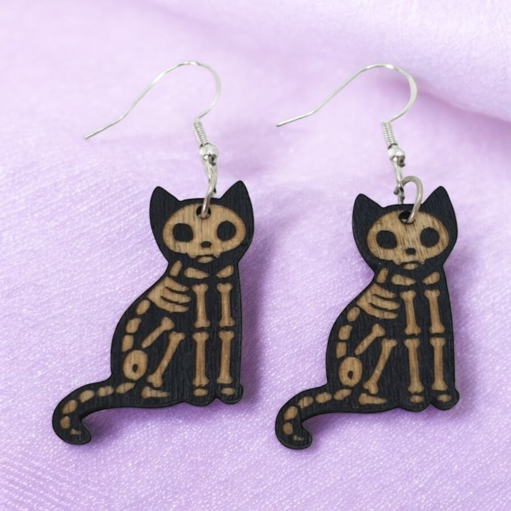 Wooden Skeleton Cat Dangly Earrings - Premium from Uniquely Holt - Just £4.99! Shop now at Uniquely Holt