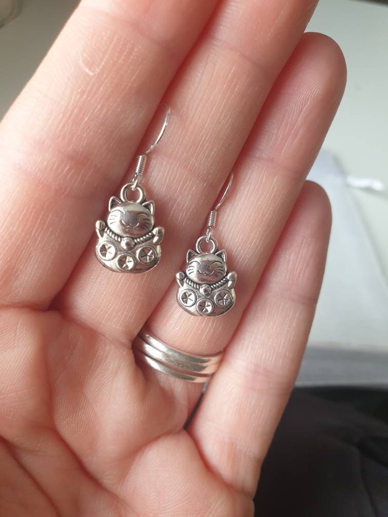 Chinese Lucky Cat Charm Earrings, Gifts For Her, Animal Lover, Lucky Charm, Fun Jewellery - Premium from Etsy - Just £4.99! Shop now at Uniquely Holt