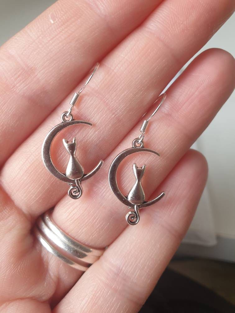 Cat And Moon Charm Earrings, Gifts For Her, Animal Lover, Moon Lover, Fun Jewellery, Celestial - Premium from Etsy - Just £4.99! Shop now at Uniquely Holt