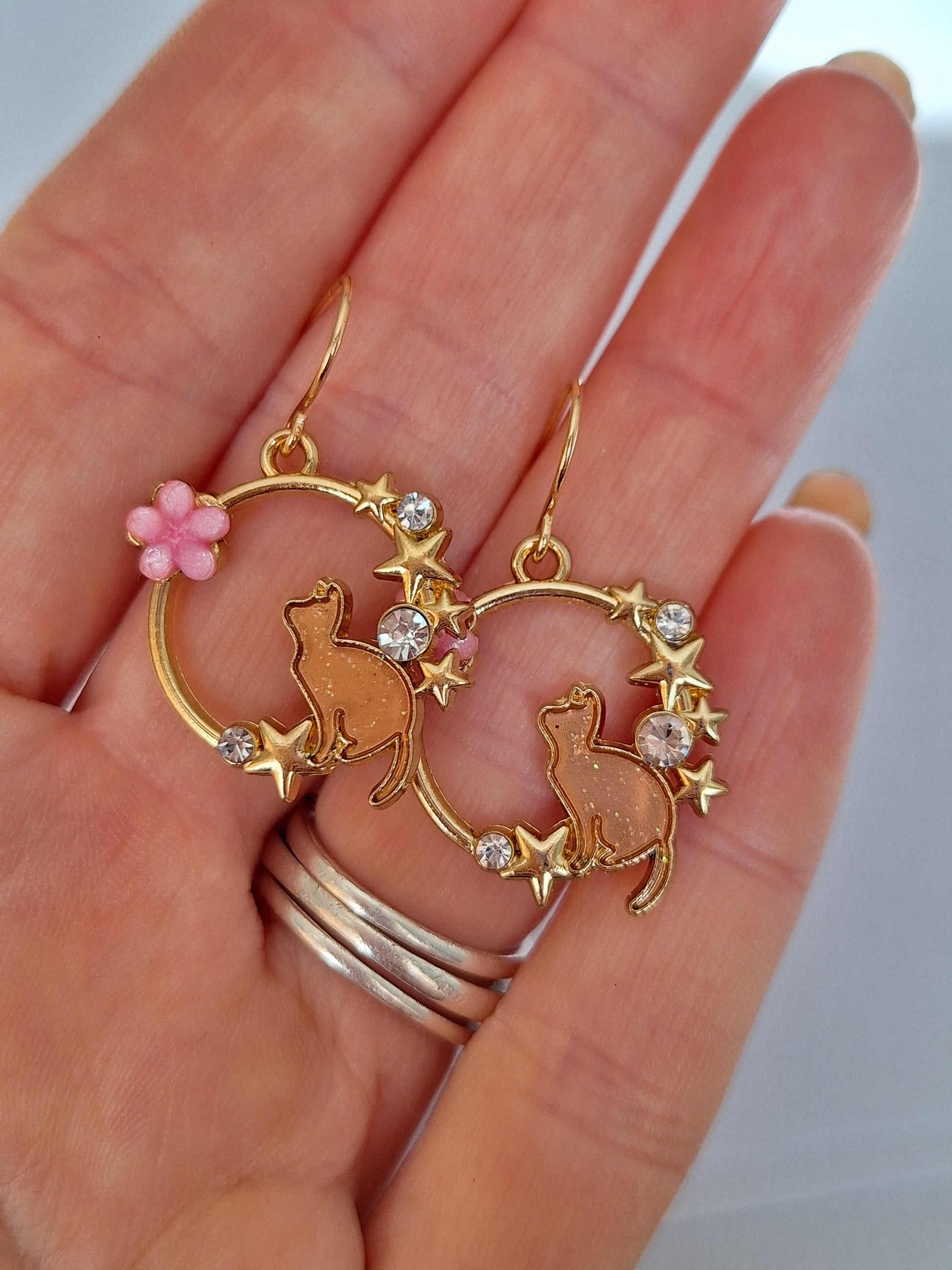 Gold Cat And Flower Dangly Earrings - Premium  from Uniquely Holt - Just £4.99! Shop now at Uniquely Holt