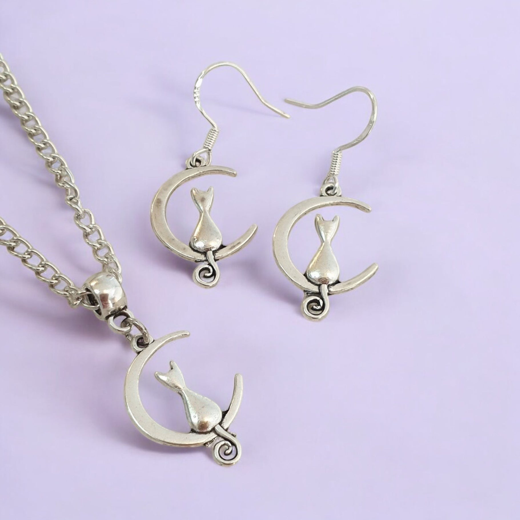 Cat And Moon Charm Jewellery Set, Dangly Earring And Necklace Set In Gift Bag, Cat Lover, Cord Or Chain Option - Premium  from Etsy - Just £8.99! Shop now at Uniquely Holt