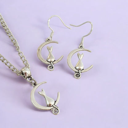 Cat And Moon Charm Jewellery Set, Dangly Earring And Necklace Set In Gift Bag, Cat Lover, Cord Or Chain Option - Premium  from Etsy - Just £8.99! Shop now at Uniquely Holt