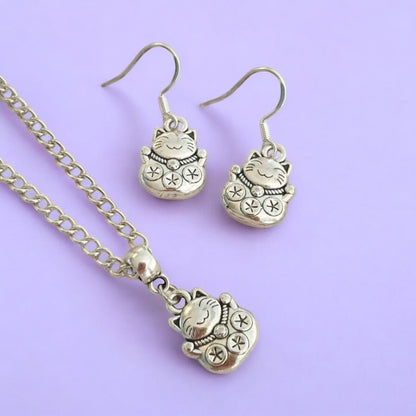 Chinese Lucky Cat Charm Jewellery Set, Dangly Earring And Necklace Set In Gift Bag, Cat Lover, Cord Or Chain Options - Premium  from Etsy - Just £8.99! Shop now at Uniquely Holt