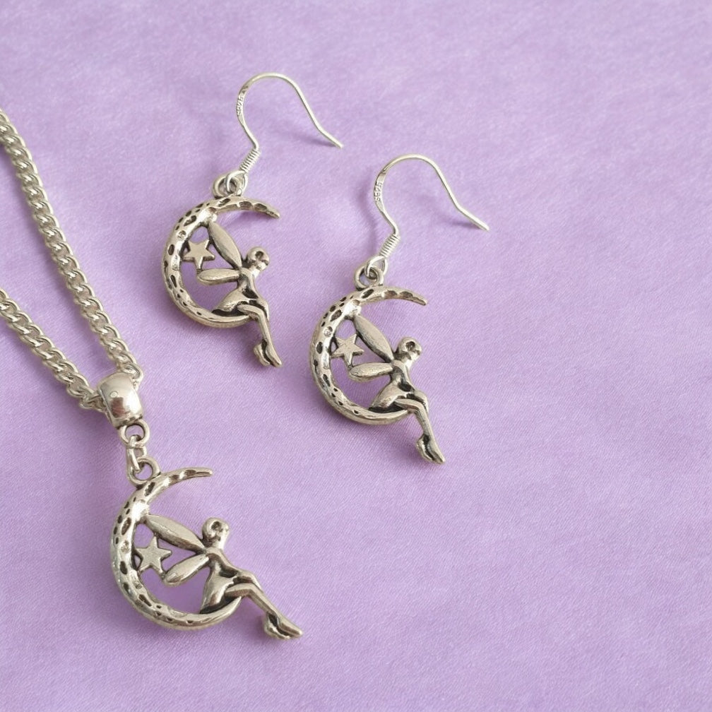 Fairy On Moon Charm Jewellery Set, Dangly Earring And Necklace Set In Gift Bag, Cord Or Chain Options - Premium  from Etsy - Just £8.99! Shop now at Uniquely Holt