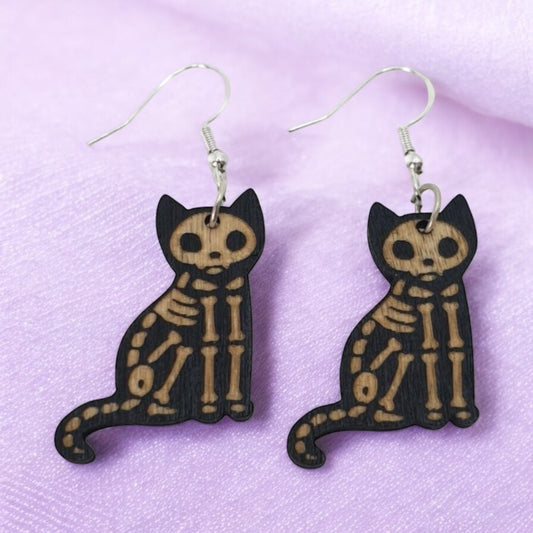 Wooden Skeleton Cat Dangly Earrings - Premium  from Uniquely Holt - Just £4.99! Shop now at Uniquely Holt