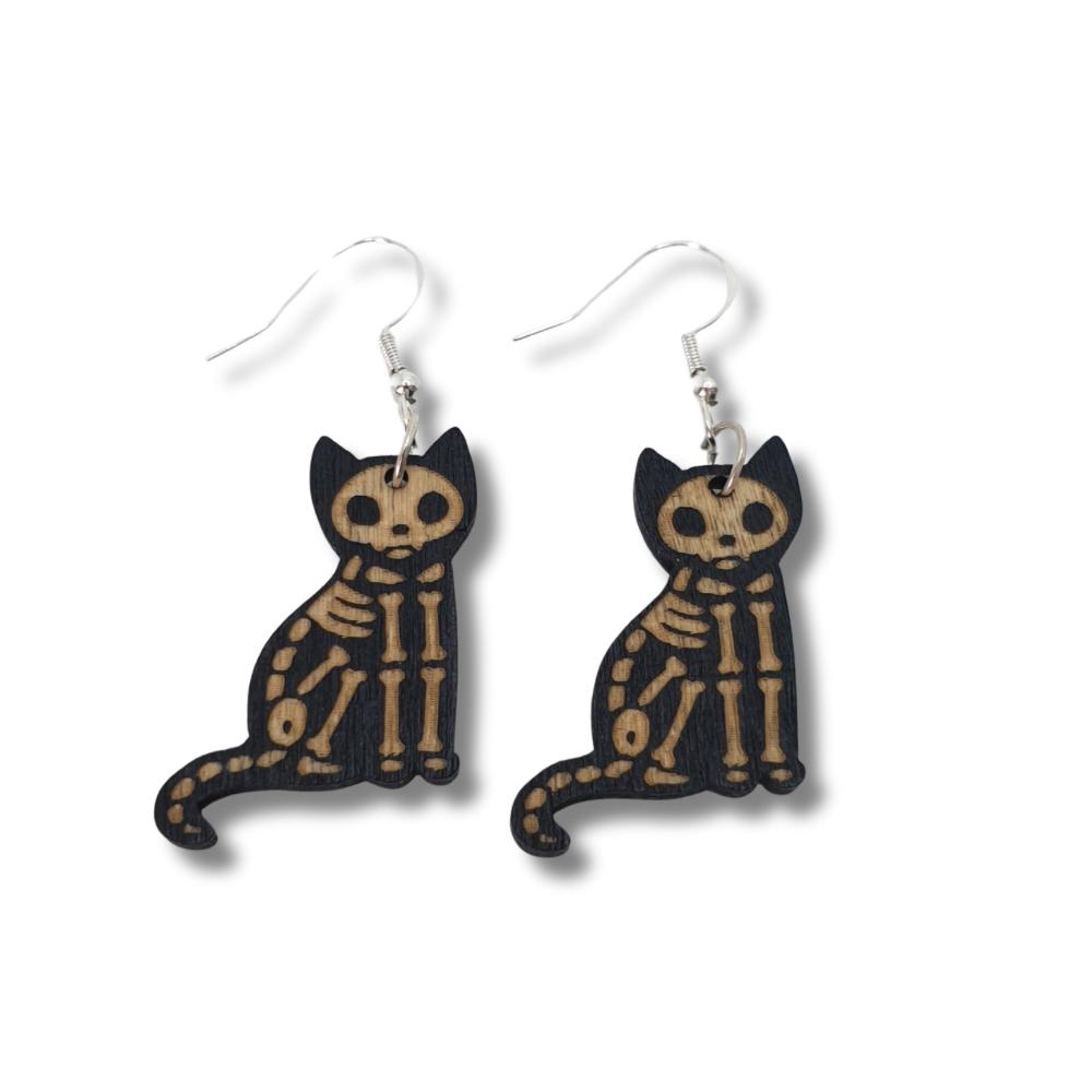 Wooden Skeleton Cat Dangly Earrings - Premium  from Uniquely Holt - Just £4.99! Shop now at Uniquely Holt