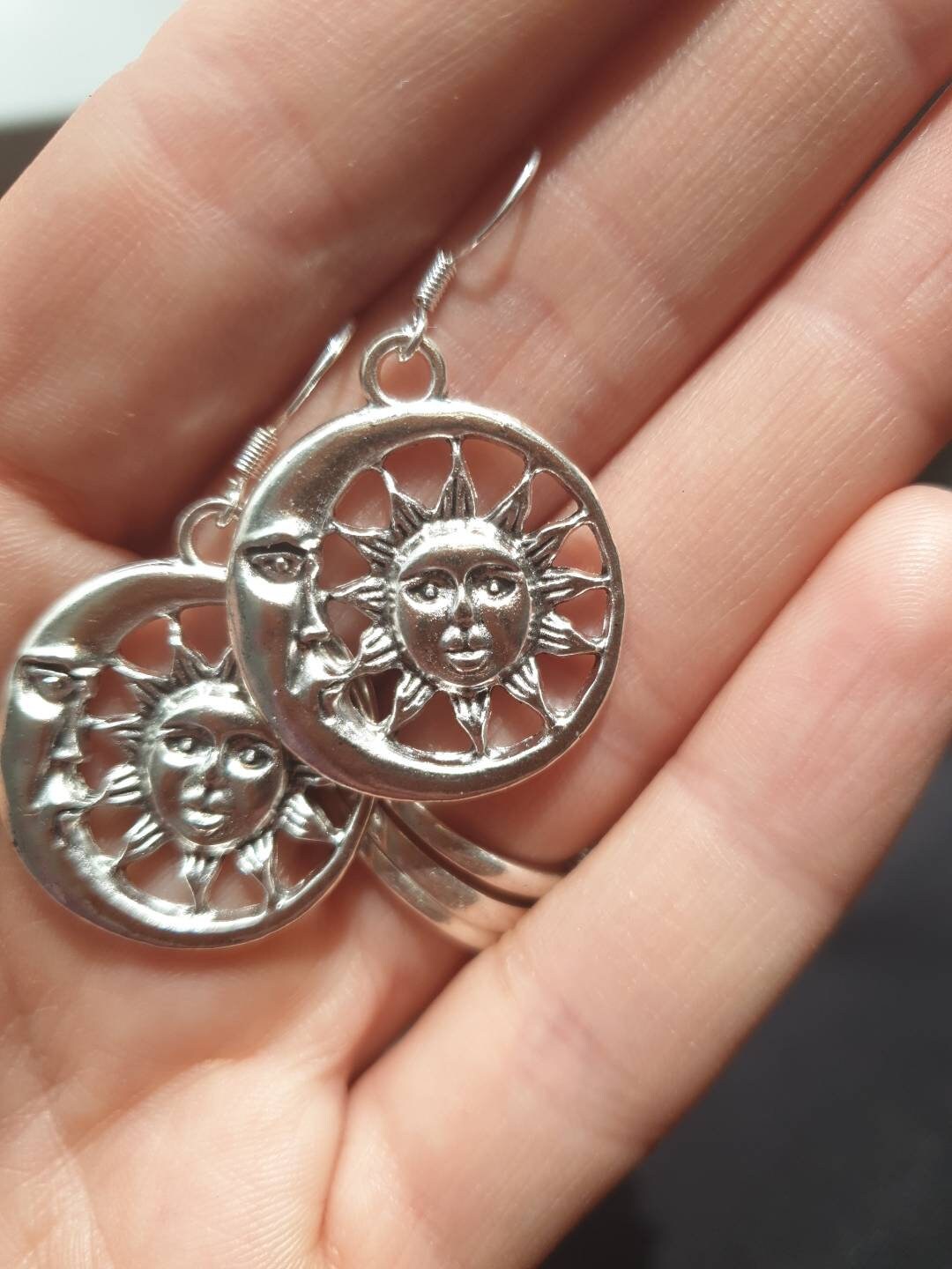 Handmade Antique Silver Sun and Moon Dangly Charm Earrings, Celestial Gifts - Premium  from Etsy - Just £5.49! Shop now at Uniquely Holt