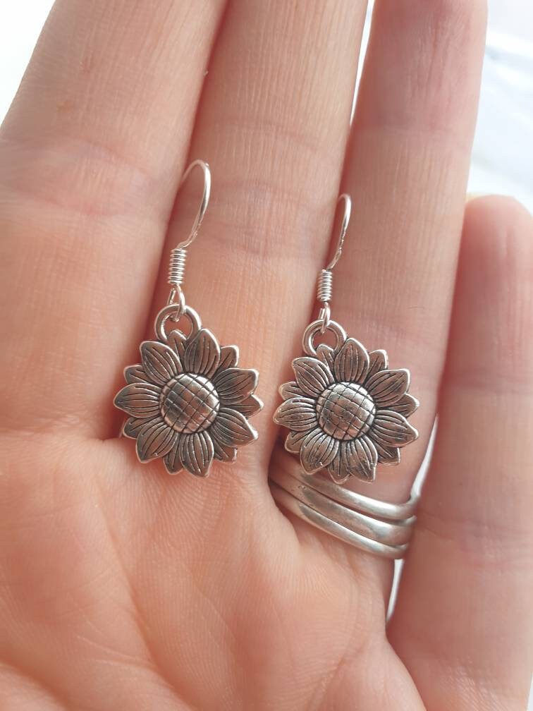 Handmade Antique Silver Sunflower Dangly Charm Earrings In Gift Bag, Gifts For Her, Flowers, Nature - Premium  from Etsy - Just £4.99! Shop now at Uniquely Holt