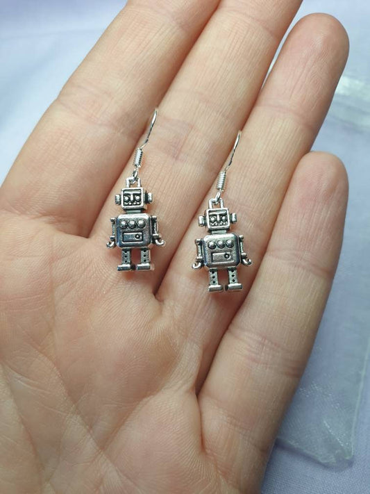 Handmade Antique Silver Robot Charm Dangly, Charm Earrings In Gift Bag, Stocking Filler, For Her - Premium  from Etsy - Just £4.99! Shop now at Uniquely Holt