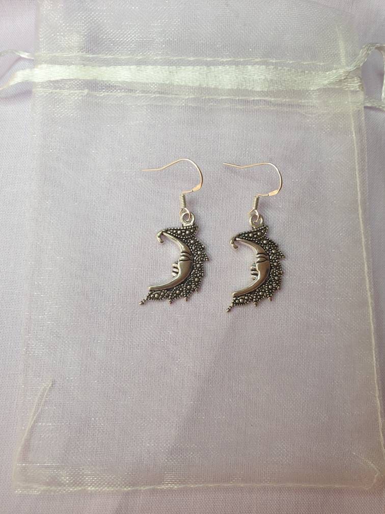 Handmade Antique Silver Moon Charm Dangly, Charm Earrings In Gift Bag, Stocking Filler, For Her - Premium  from Etsy - Just £4.99! Shop now at Uniquely Holt