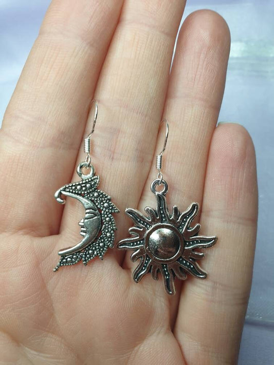 Handmade Antique Silver Mismatched Sun And Moon Charm Dangly, Charm Earrings In Gift Bag, Stocking Filler, For Her - Premium  from Etsy - Just £4.99! Shop now at Uniquely Holt