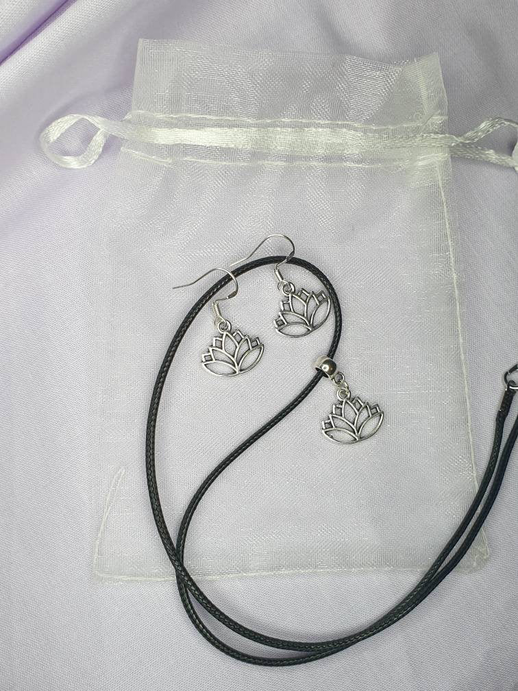 Handmade Antique Silver Lotus Flower Jewellery Set, Dangly Earring And Necklace Set In Gift Bag - Premium  from Etsy - Just £8.99! Shop now at Uniquely Holt