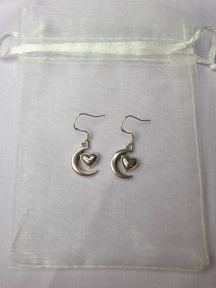 Handmade Antique Silver Moon And Heart Charm Dangly, Charm Earrings In Gift Bag, Stocking Filler, For Her - Premium  from Etsy - Just £4.99! Shop now at Uniquely Holt