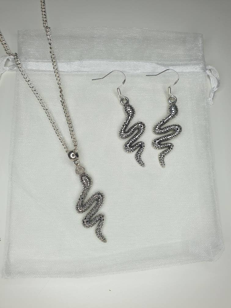 Handmade Antique Silver Snake Charm Jewellery Set, Dangly Earring And Necklace Set In Gift Bag - Premium  from Etsy - Just £8.99! Shop now at Uniquely Holt