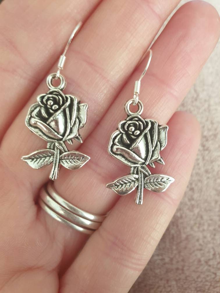 Handmade Antique Silver Rose Dangly Charm Earrings In Gift Bag, Gifts For Her, Flowers, Nature - Premium  from Etsy - Just £4.99! Shop now at Uniquely Holt