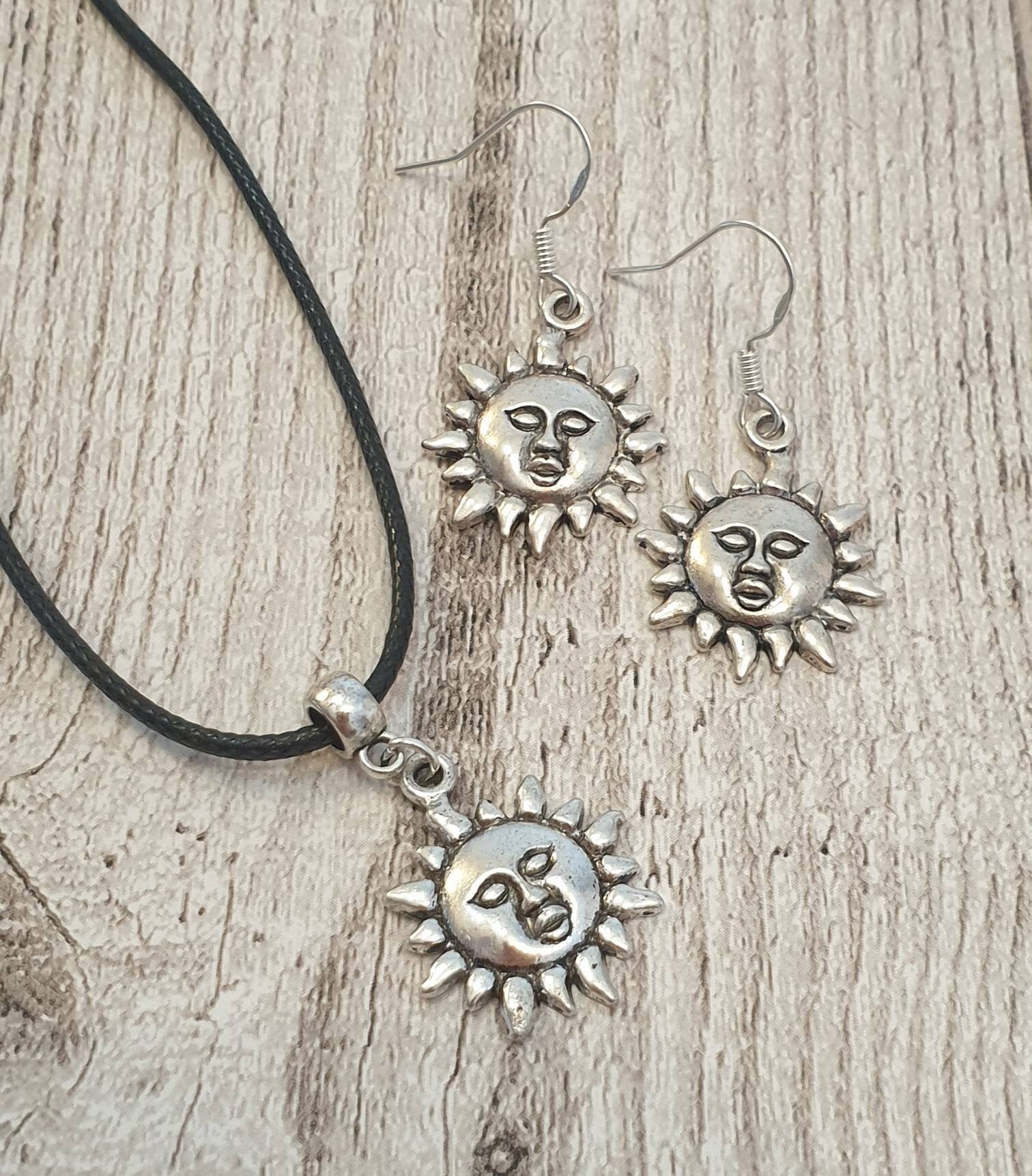 Handmade Antique Silver Sun Charm Jewellery Set, Dangly Earring And Necklace Set In Gift Bag, Cord Or Chain Options - Premium  from Etsy - Just £8.99! Shop now at Uniquely Holt