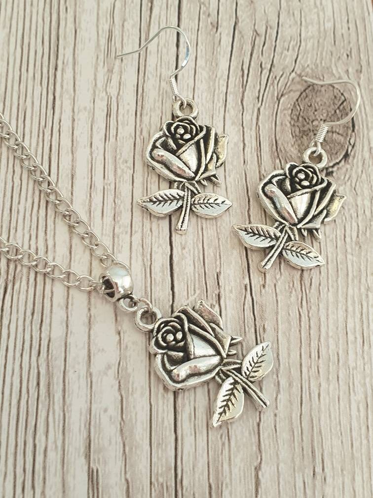 Handmade Antique Silver Rose Jewellery Set, Dangly Earring And Necklace Set In Gift Bag, Cord Or Chain Option, Gift For Her - Premium  from Etsy - Just £8.99! Shop now at Uniquely Holt