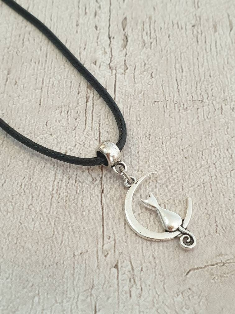 Cat And Moon Charm Necklace Silver Plated Or Waxed Cord Variable Lengths, Gift Packaged - Premium  from Etsy - Just £5.49! Shop now at Uniquely Holt