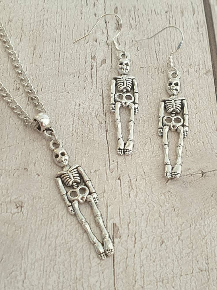 Handmade Antique Silver Skeleton Charm Jewellery Set, Dangly Earring And Necklace Set In Gift Bag, Cord And Chain Option, Spooky Halloween - Premium  from Etsy - Just £8.99! Shop now at Uniquely Holt