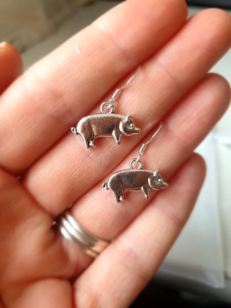 Handmade Antique Silver Pig Charm Earrings, Gifts For Her, Animal Lover, Fun Jewellery - Premium  from Etsy - Just £4.99! Shop now at Uniquely Holt