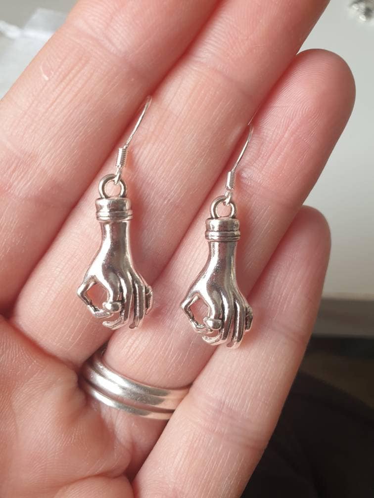 Handmade Antique Silver Wednesday Inspired Thing Hand Charm Earrings, Gifts For Her, Fun Jewellery - Premium  from Etsy - Just £4.99! Shop now at Uniquely Holt
