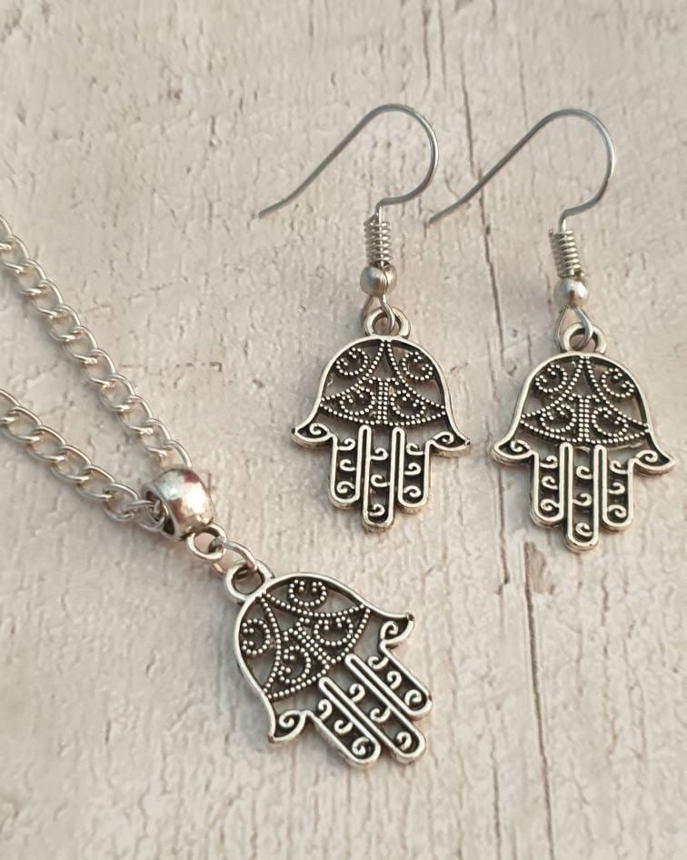 Handmade Antique Silver Hamsa Hand Charm Jewellery Set, Dangly Earring And Necklace Set In Gift Bag, Cord And Chain Option - Premium  from Etsy - Just £8.99! Shop now at Uniquely Holt