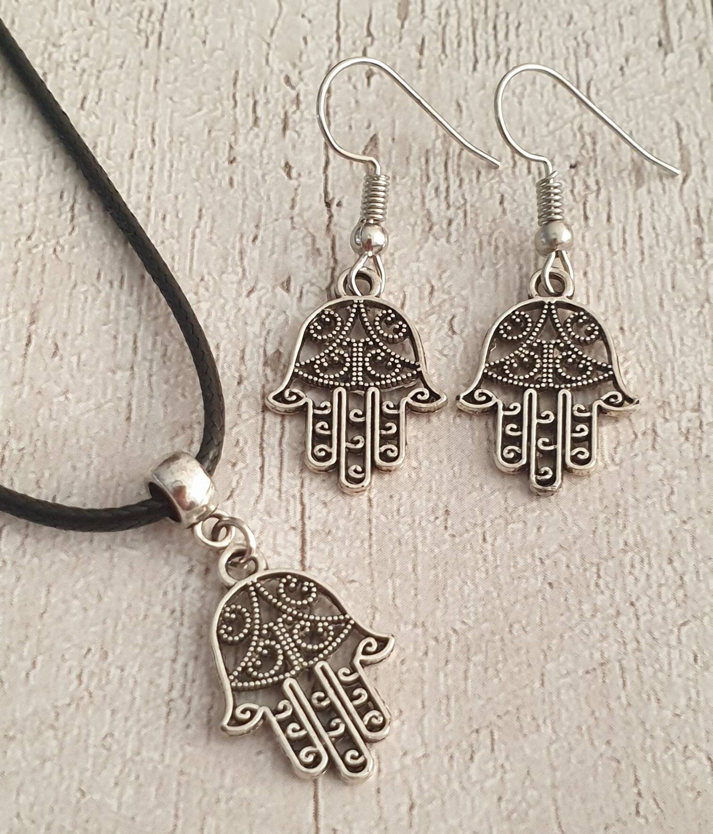 Handmade Antique Silver Hamsa Hand Charm Jewellery Set, Dangly Earring And Necklace Set In Gift Bag, Cord And Chain Option - Premium  from Etsy - Just £8.99! Shop now at Uniquely Holt