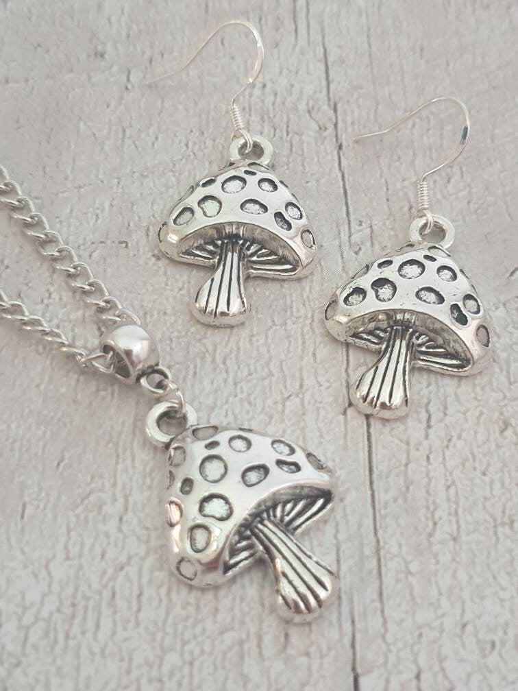 Handmade Antique Silver Mushroom Charm Jewellery Set, Dangly Earring And Necklace Set In Gift Bag, Cord And Chain Options - Premium  from Etsy - Just £8.99! Shop now at Uniquely Holt