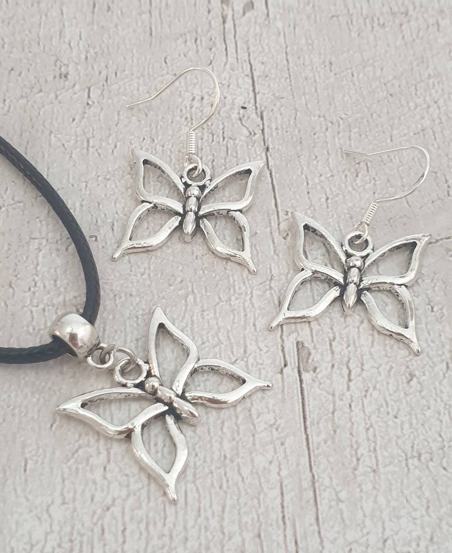 Handmade Antique Silver Butterfly Charm Jewellery Set, Dangly Earring And Necklace Set In Gift Bag, Cord Or Chain Options - Premium  from Etsy - Just £8.99! Shop now at Uniquely Holt