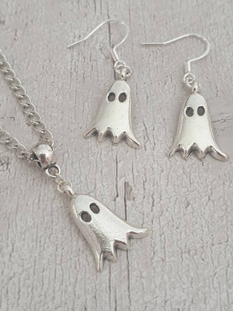 Handmade Antique Silver Ghost Charm Jewellery Set, Dangly Earring And Necklace Set In Gift Bag, Cord And Chain Option, Spooky Halloween - Premium  from Etsy - Just £8.99! Shop now at Uniquely Holt