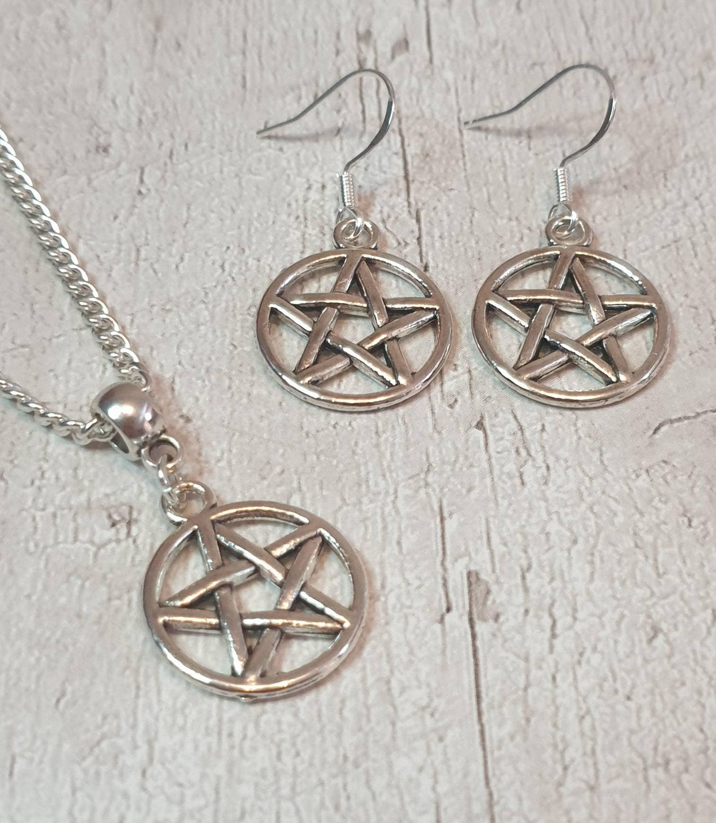 Handmade Antique Silver Pentagram Charm Jewellery Set, Dangly Earring And Necklace Set In Gift Bag, Cord Or Chain Options - Premium  from Etsy - Just £8.99! Shop now at Uniquely Holt