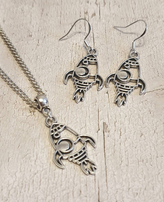 Handmade Antique Silver Rocket Charm Jewellery Set, Dangly Earring And Necklace Set In Gift Bag, Space Lover, Spaceship Jewellery - Premium  from Etsy - Just £8.99! Shop now at Uniquely Holt