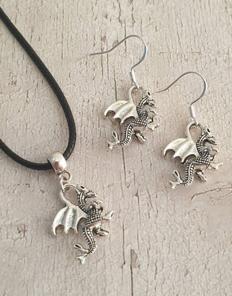 Handmade Antique Silver Dragon Charm Jewellery Set, Dangly Earring And Necklace Set In Gift Bag - Premium  from Etsy - Just £8.99! Shop now at Uniquely Holt