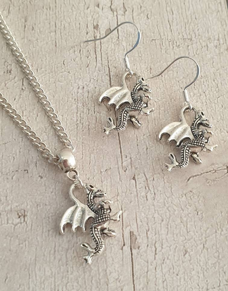 Handmade Antique Silver Dragon Charm Jewellery Set, Dangly Earring And Necklace Set In Gift Bag - Premium  from Etsy - Just £8.99! Shop now at Uniquely Holt