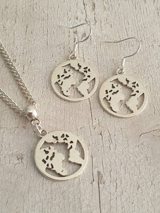 Handmade Antique Silver World Earth Planet Charm Jewellery Set, Dangly Earring And Necklace Set In Gift Bag, Cord Or Chain Options - Premium  from Etsy - Just £8.99! Shop now at Uniquely Holt