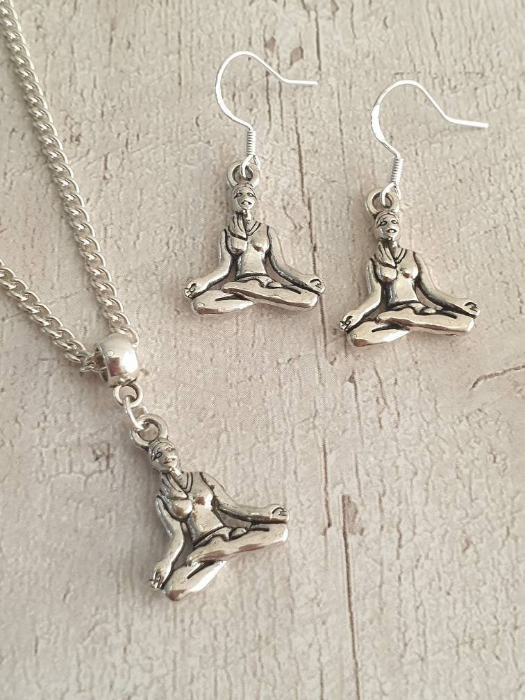 Handmade Antique Silver Meditating Yoga Lady Jewellery Set, Dangly Earring And Necklace Set In Gift Bag, Cord Or Chain Option - Premium  from Etsy - Just £8.99! Shop now at Uniquely Holt