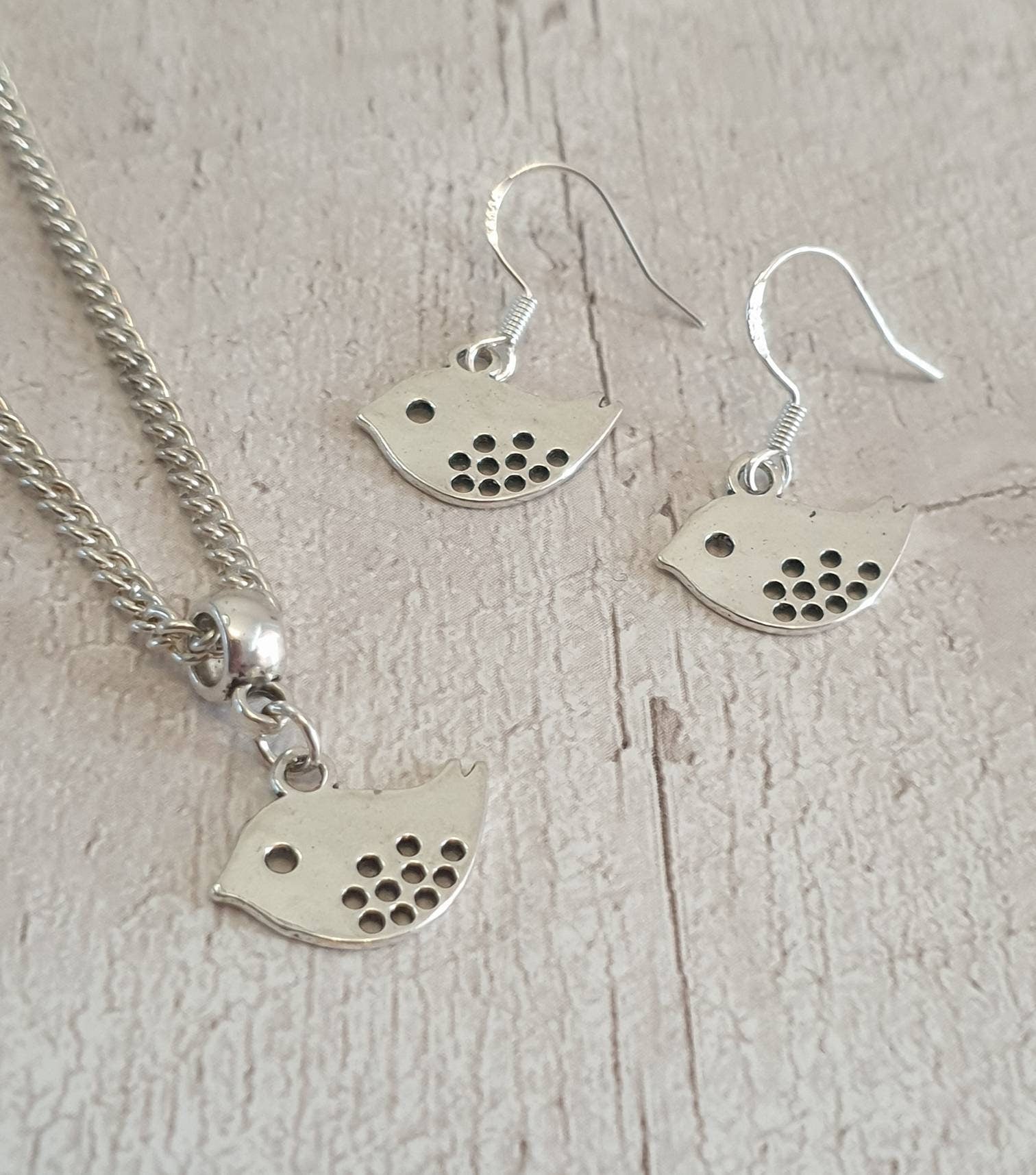 Handmade Antique Silver Bird Charm Jewellery Set, Dangly Earring And Necklace Set In Gift Bag, Cord Or Chain Options - Premium  from Etsy - Just £8.99! Shop now at Uniquely Holt