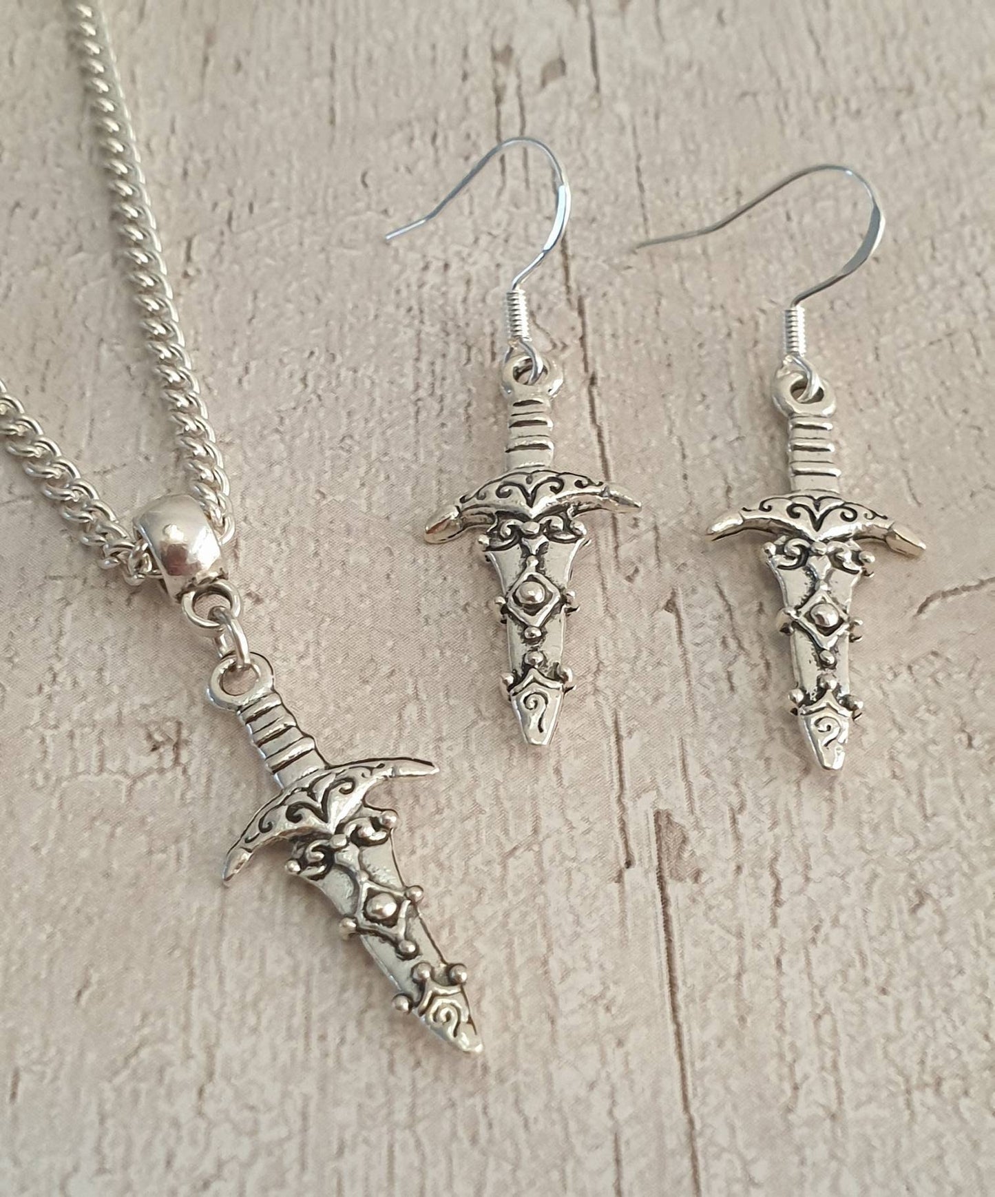 Handmade Antique Silver Dagger Charm Jewellery Set, Dangly Earring And Necklace Set In Gift Bag, Cord And Chain Options - Premium  from Etsy - Just £8.99! Shop now at Uniquely Holt
