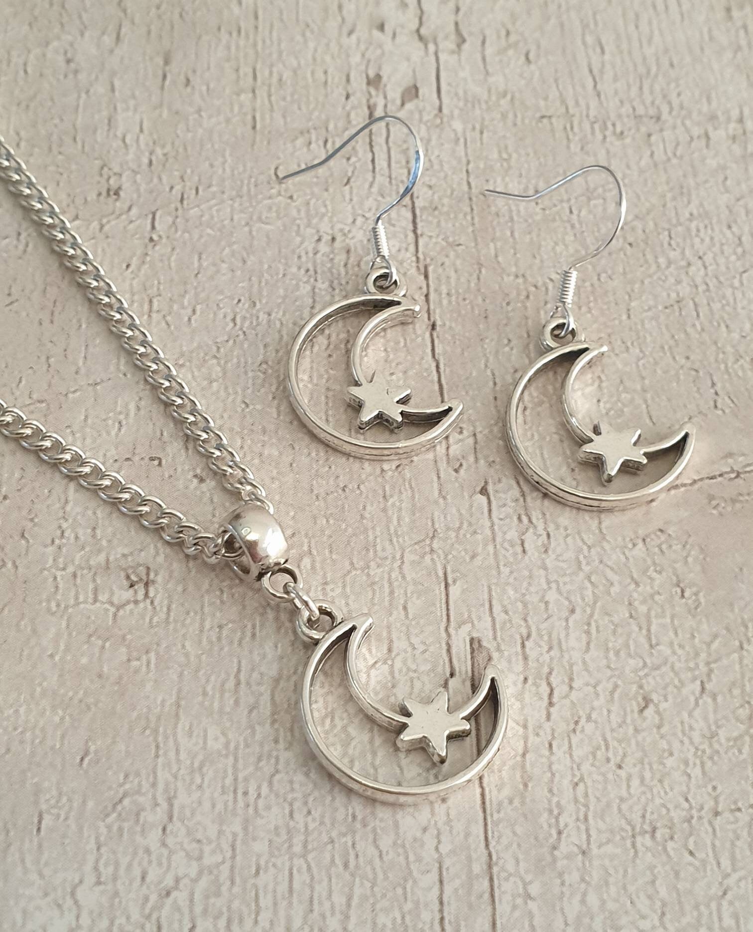 Handmade Antique Silver Moon & Star Charm Jewellery Set, Dangly Earring And Necklace Set In Gift Bag, Cord And Chain Options - Premium  from Etsy - Just £8.99! Shop now at Uniquely Holt