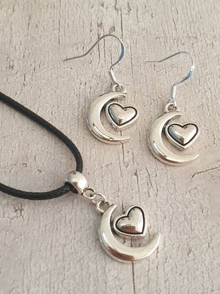 Moon And Heart Charm Jewellery Set, Dangly Earring And Necklace Set In Gift Bag, Cord Or Chain Options - Premium  from Etsy - Just £8.99! Shop now at Uniquely Holt