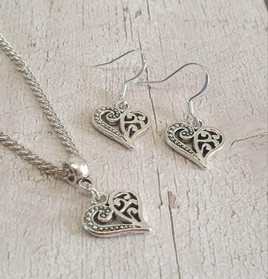 Handmade Antique Silver Heart Charm Jewellery Set, Dangly Earring And Necklace Set In Gift Bag, Cord Or Chain Options - Premium  from Etsy - Just £8.99! Shop now at Uniquely Holt