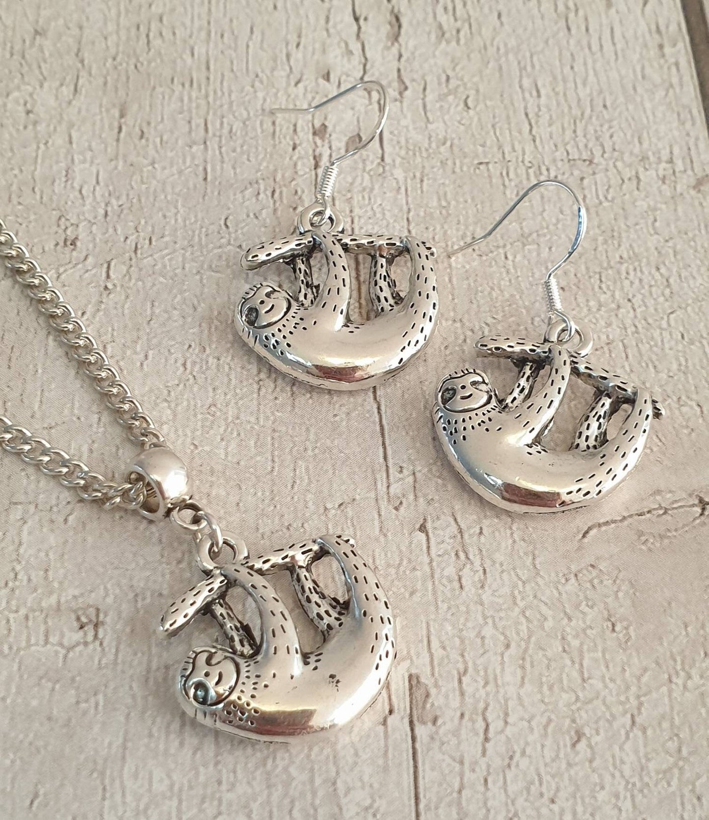 Handmade Antique Silver Sloth Charm Jewellery Set, Dangly Earring And Necklace Set In Gift Bag, Sloth Lover, Chain Or Cord Option - Premium  from Etsy - Just £8.99! Shop now at Uniquely Holt