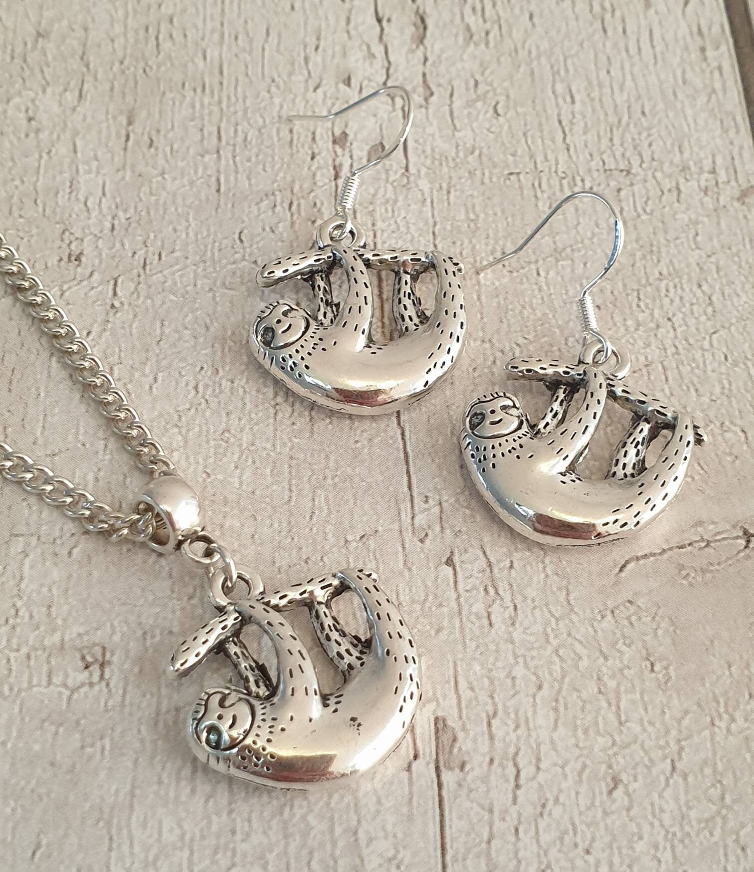 Handmade Antique Silver Sloth Charm Jewellery Set, Dangly Earring And Necklace Set In Gift Bag, Sloth Lover, Chain Or Cord Option - Premium  from Etsy - Just £8.99! Shop now at Uniquely Holt