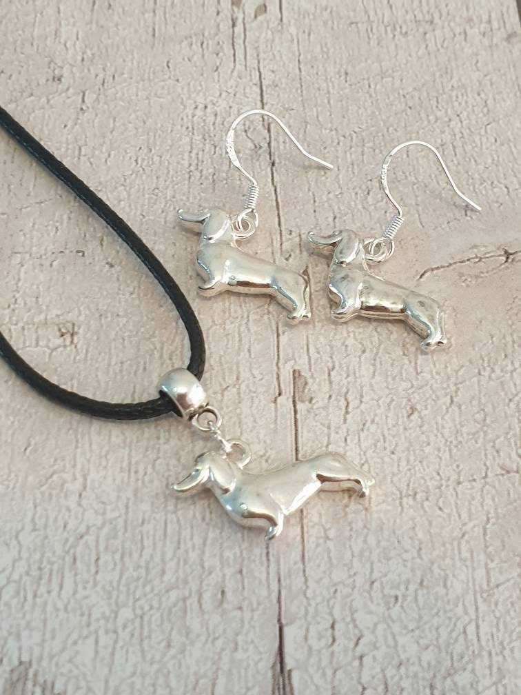 Handmade Antique Silver Dachshund Sausage Dog Charm Jewellery Set, Dangly Earring And Necklace Set In Gift Bag, Cord Or Chain Option - Premium  from Etsy - Just £8.99! Shop now at Uniquely Holt