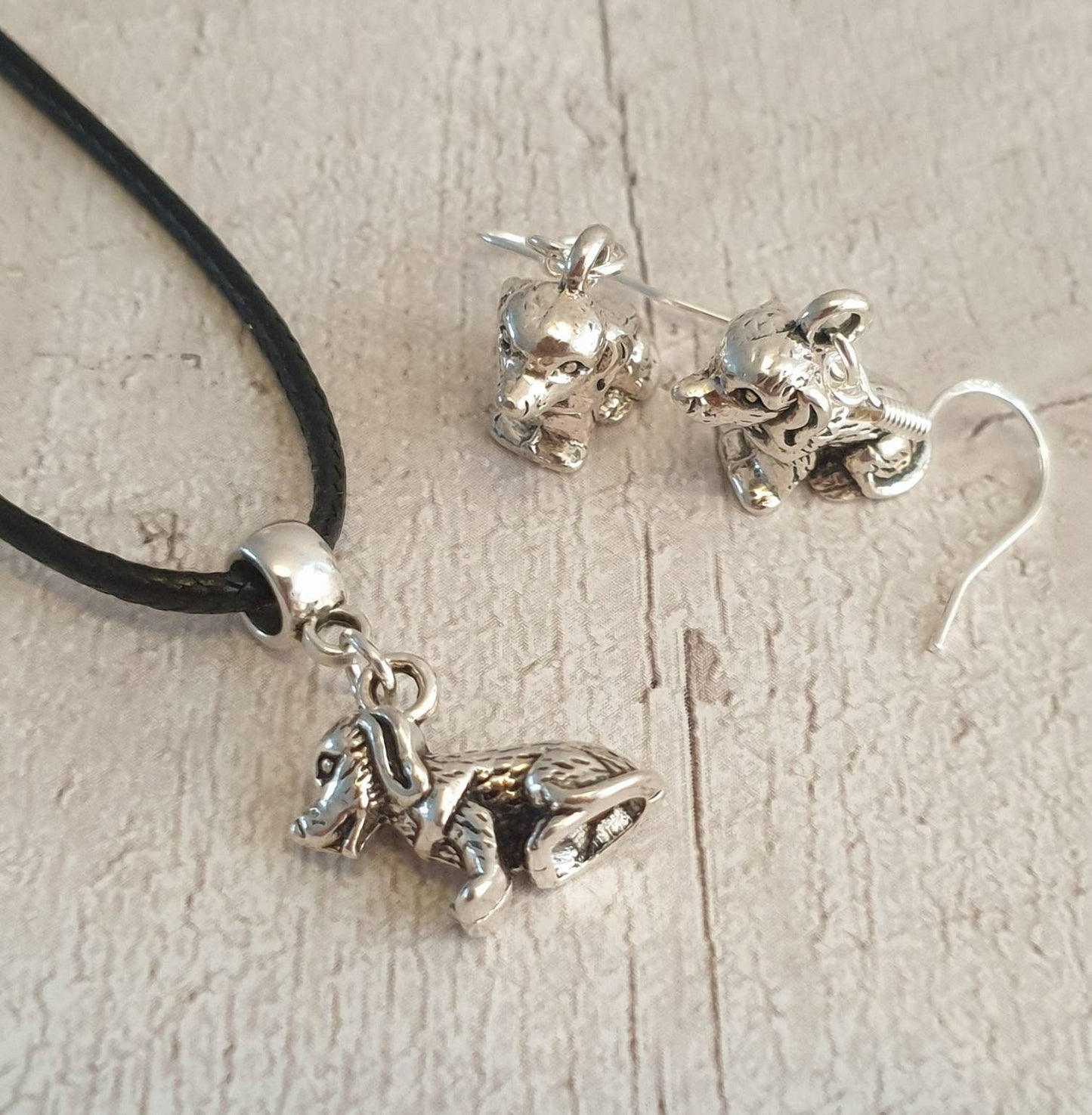 Handmade Antique Silver Dog Charm Jewellery Set, Dangly Earring And Necklace Set In Gift Bag, Cord And Chain Options - Premium  from Etsy - Just £8.99! Shop now at Uniquely Holt