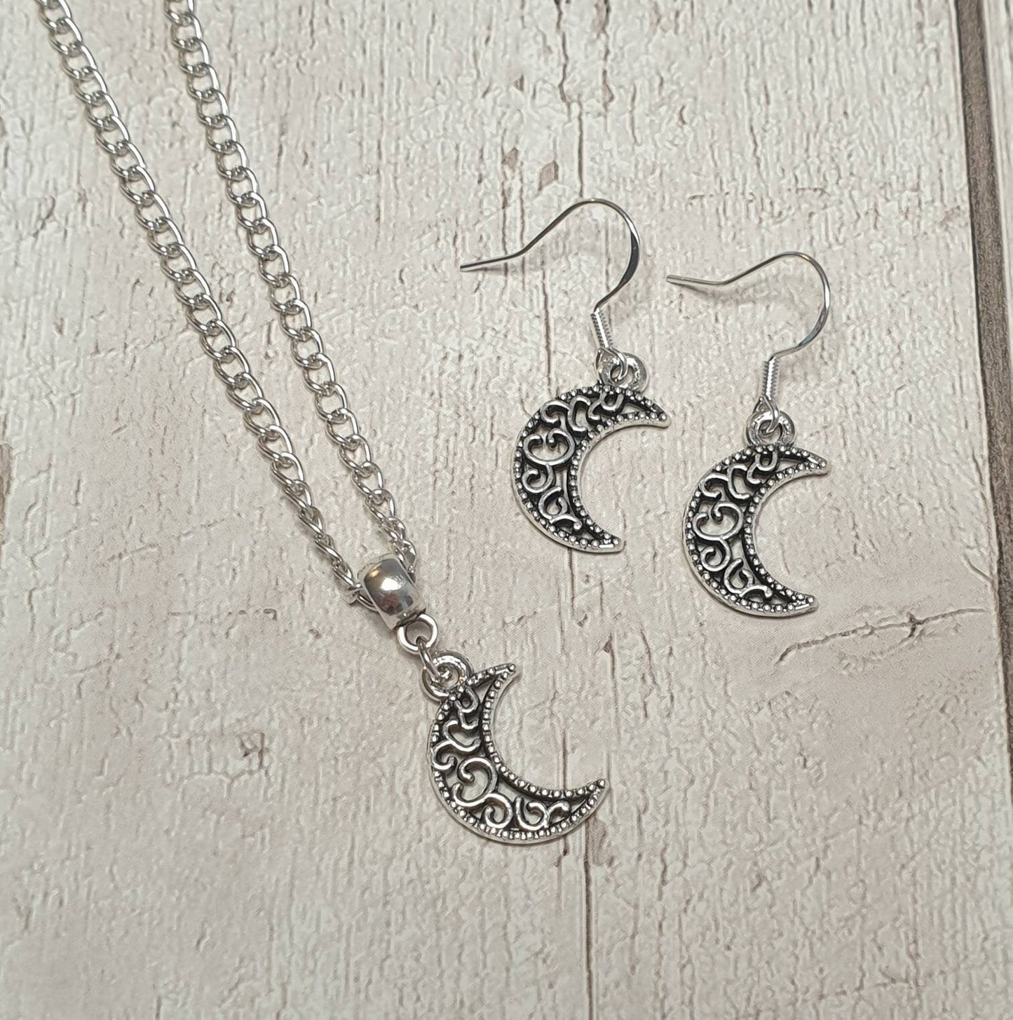 Handmade Antique Silver Moon Charm Jewellery Set, Dangly Earring And Necklace Set In Gift Bag, Cord Or Chain Options - Premium  from Etsy - Just £8.99! Shop now at Uniquely Holt